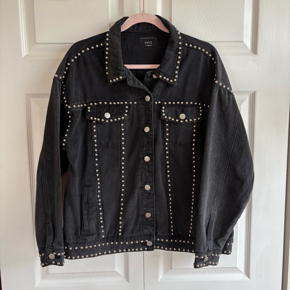 Vici Black‎ Jean Denim Jacket with Studded Details Oversized Biker XS